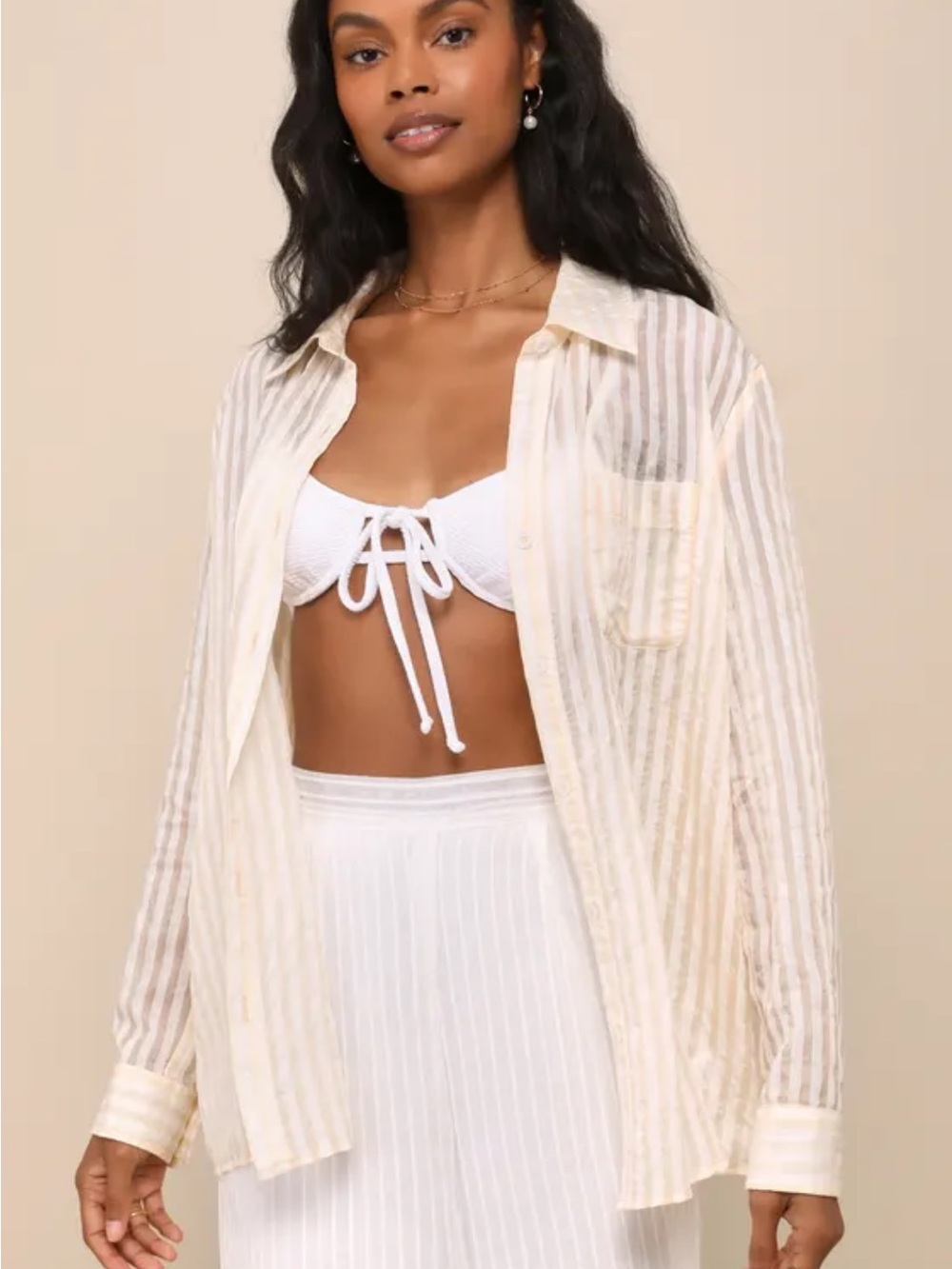 Lulus button up coverup top ivory and beige striped XS